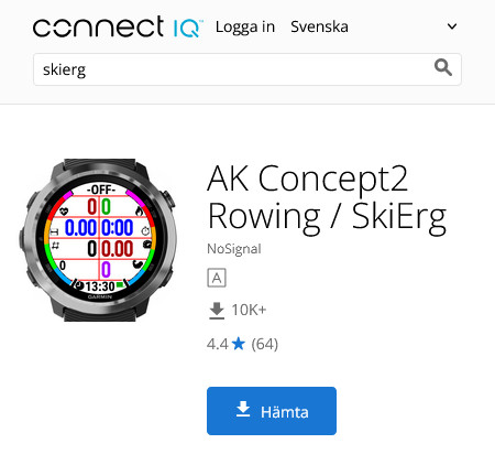 AK Concept 2-app for SkiErg i Garmin Connect IQ