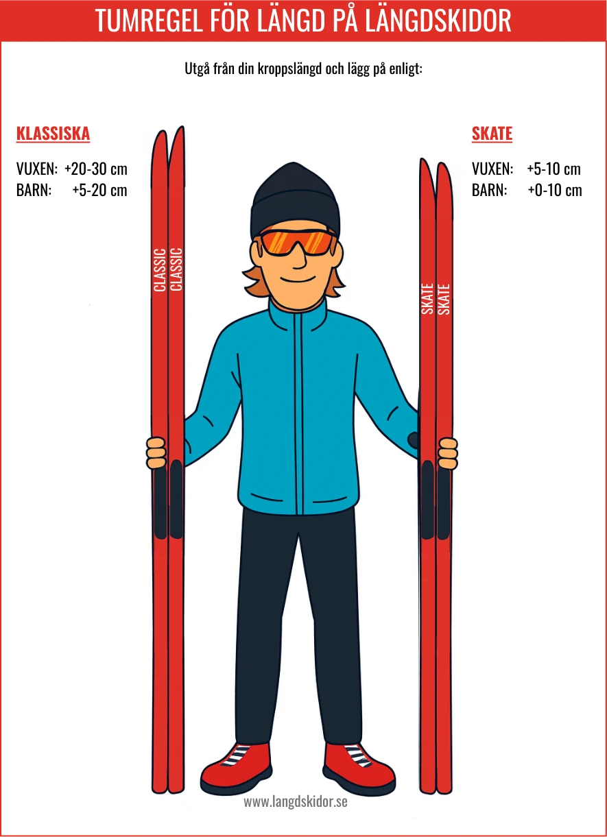 Infografikk som viser tommelfingerreglene for å velge riktig lengde på langrennsski for skøyting og klassisk